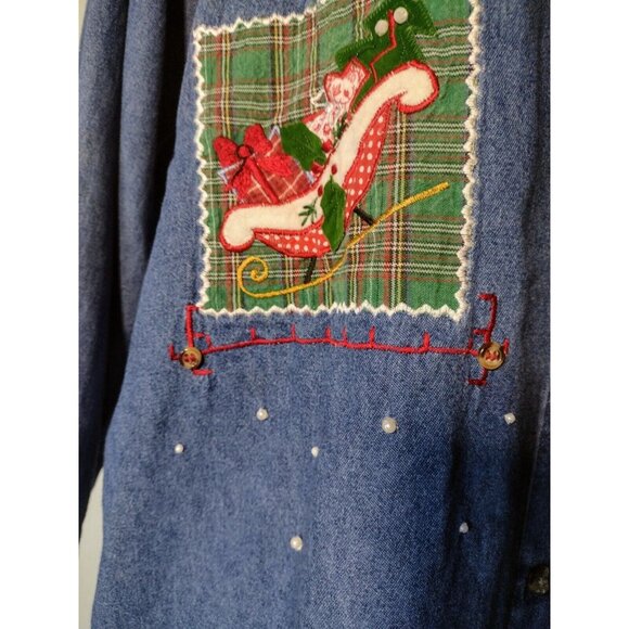 Vtg Victoria Jones Chambray Christmas Shirt Size 1X Plaid Patchwork Faux Pearls - Picture 3 of 8